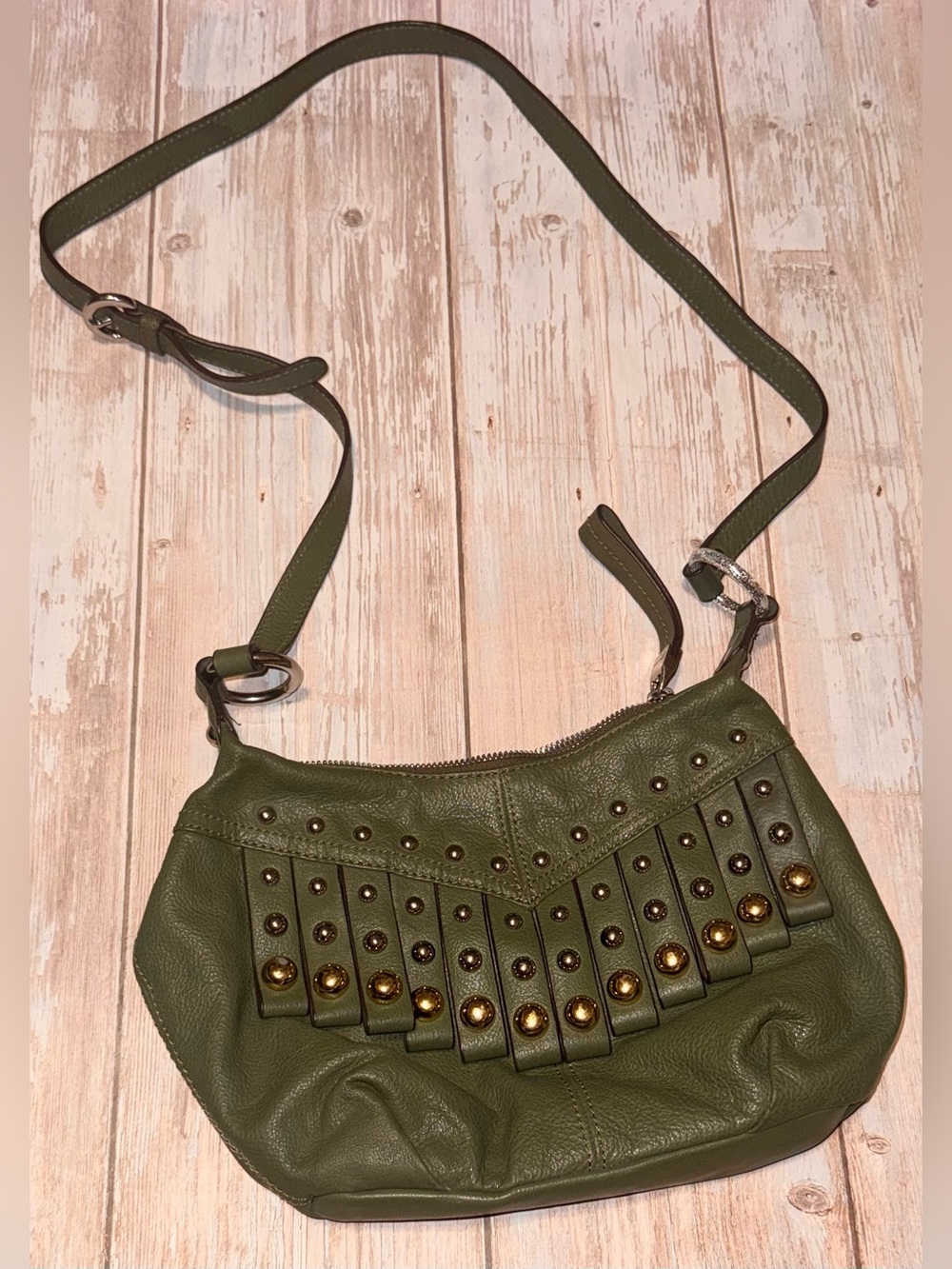 Vintage B. Makowsky Olive Green Leather Studded Fringe Crossbody Hobo Bag
